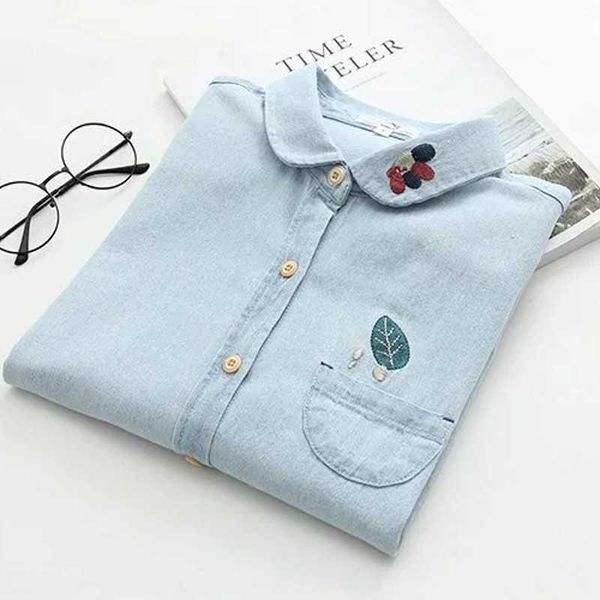 

women embroidery blouse casual animal shirts solid long sleeve shirt cotton oxford ladies floral blouses denim blue 210601, White