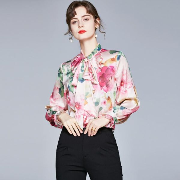 

floral print elegant blouse satin shirt women and blouses ruffle neck casual shirts lady blusas mujer de moda 2021 blusa women's &, White