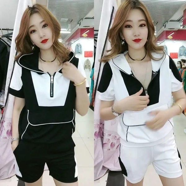 

women's two piece pants sports suit 2021 summer korean loose casual fashion hooded t-shirt crop shorts 2 set female tracksuit, White