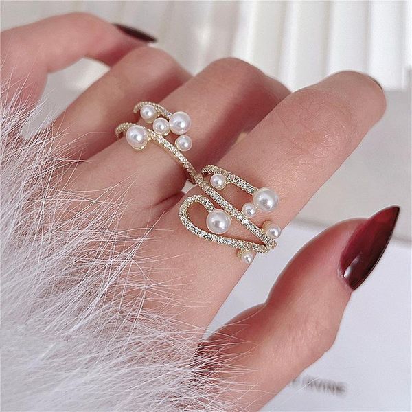 

cluster rings fashion rhinestone pearl criss twist for women korean style delicate open ring jewelry multi layers, Golden;silver