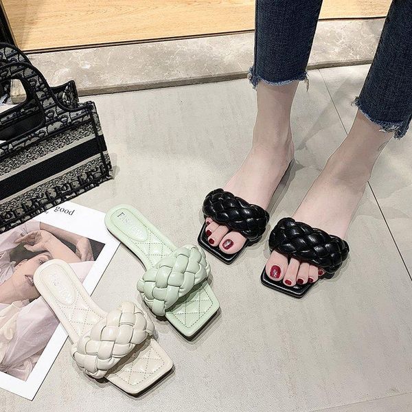 

slippers women low heels indoor non-slip soft tide slides leather sole solid color square head leisure walking, Black