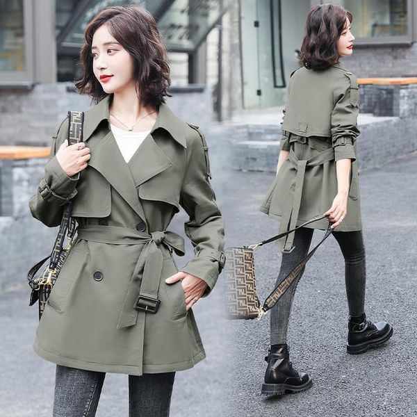 

women's trench coats autumn coat lace up slim fit british style short, Tan;black
