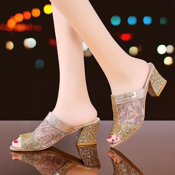 

dress shoes summer platform bling high heels sandals soft leather gauze breathable women slippers, Black