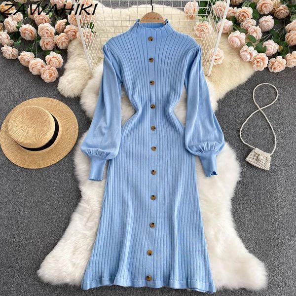 

casual dresses zawahiki autumn winter style temperament stand collar buttoned slim mid-length sweet wood ear puff sleeve knitted dress, Black;gray