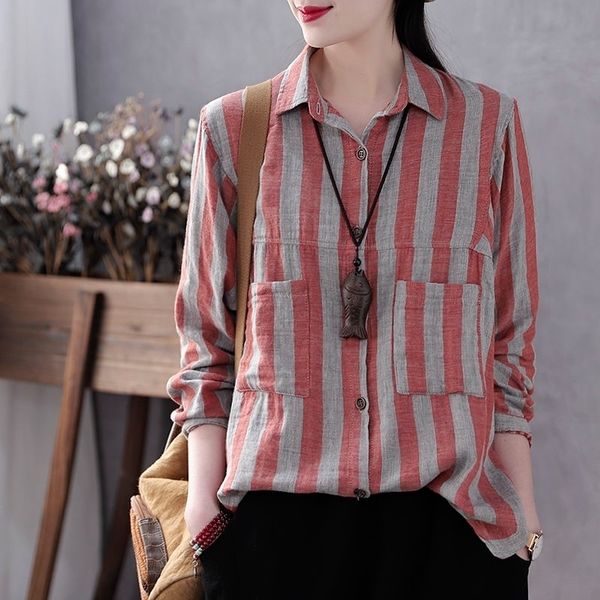 

spring arts style women long sleeve loose striped shirts double pocket design cotton linen casual blouse plus size s688 210317, White