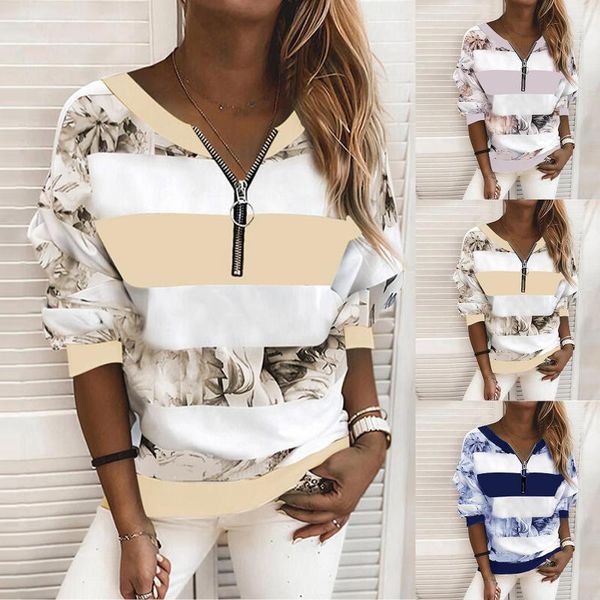 

women's blouses & shirts women blouse fashion floral stripe print zipper long sleeves casual patchwork harajuku blusas mujer de moda 20, White
