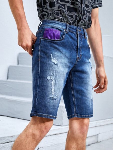 

men washed ripped denim shorts r0qh#, Blue
