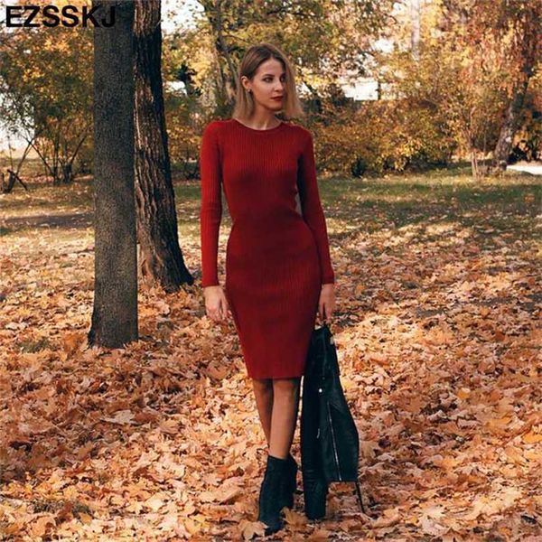 

autumn winter long sweater dres solid bodycon thick female jumper o-neck slim basic knit long sleeve 211112, Black;gray
