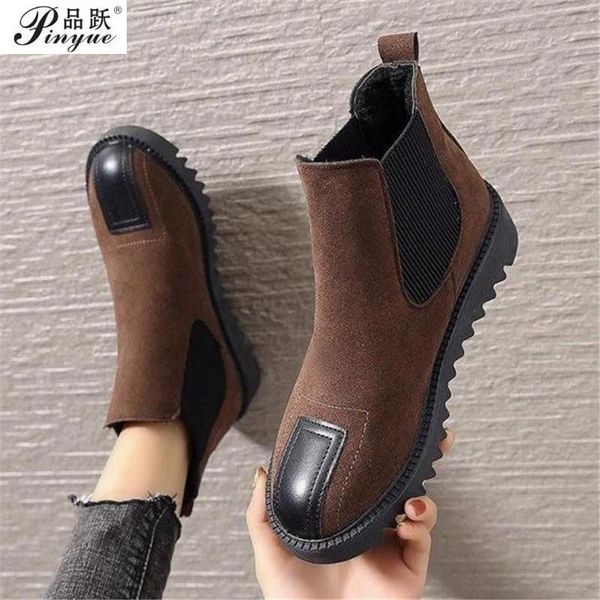 

boots women's solid color ankle flat high slip-on suede winter warm snow round head fashion female shoes, Black
