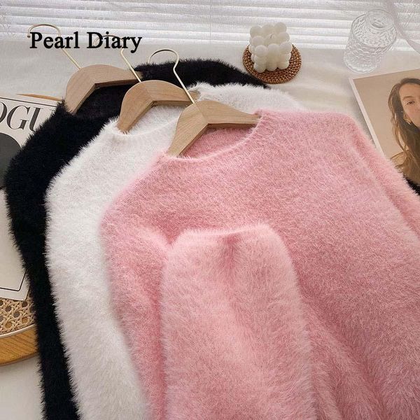 

women's sweaters pearl diary sweater autumn and winter chic mohair korean style loose round neck long sleeve short top, White;black