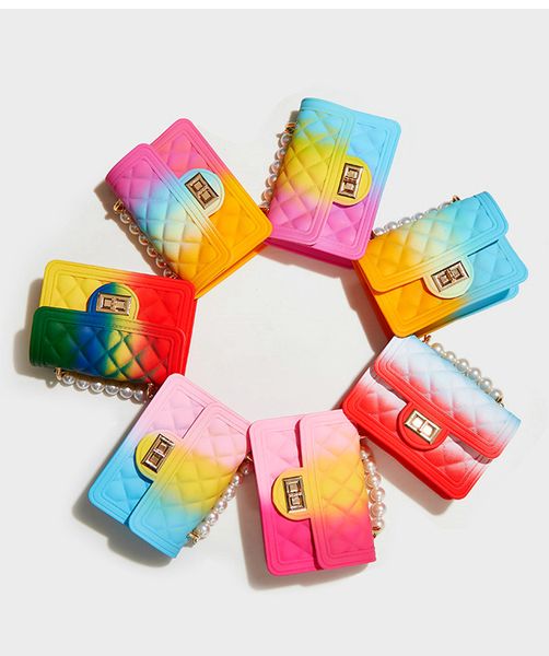 Borsetta per bambini in gelatina color arcobaleno Borse per bambini Mini borse a tracolla in PVC carino per le donne Portamonete a mano piccola con perle Portamonete