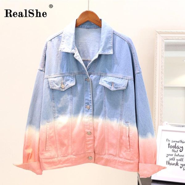 

women's jackets realshe 2021 women denim jacket coat casual jean fashion patchwork long sleeve gradual color, Black;brown