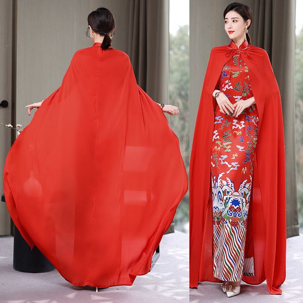 

luxury cheongsam chine style dr's summer chiffon shawl satin printed long cheongsam drs two-piece set, Blue;red