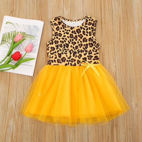 

girl's dresses 2021 toddler summer tulle dress, girls sleeveless leopard print round neck with bowknot, Red;yellow