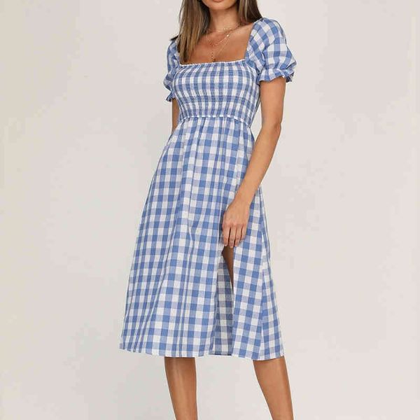 

summer split square neck plaid short sleeve dress knee-length boho dress for womens beach casual dress vestidos 210514, Black;gray