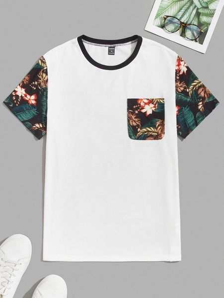 

men tropical print panel patch pocket tee m6i5#, White;black