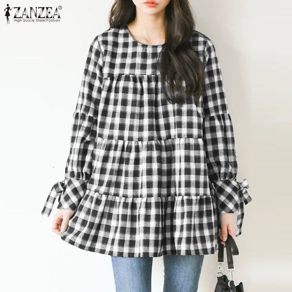 

blouses elegant check women's ruffle blouses 2021 casual puff sleeve blusas female o neck tunic plus size lace up chemise 7, White