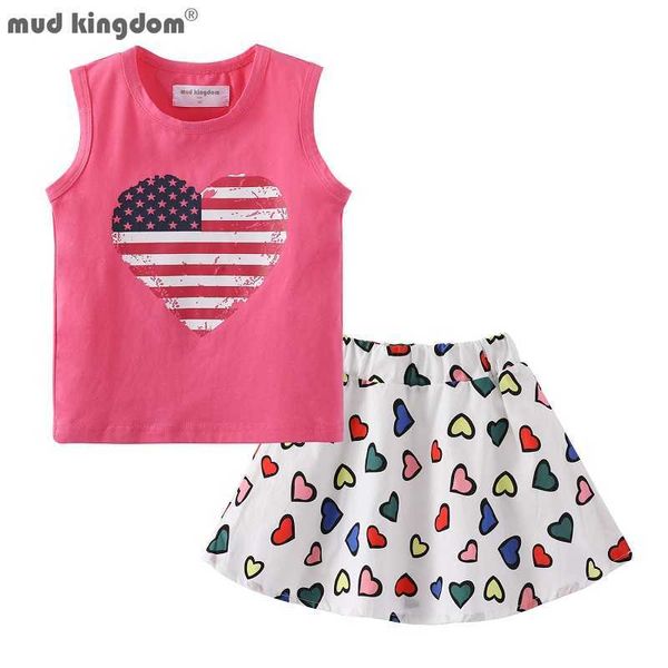 Mudkingdom Kızlar Set 4 Temmuz Patriotik Amerikan Bayrağı Yürüyor Giysileri Kolsuz Ve Etek Suit Kız Yaz Kıyafetleri 210615