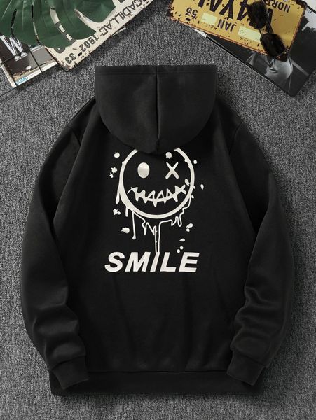 

men letter and cartoon face print drawstring hoodie x9jm#, Black