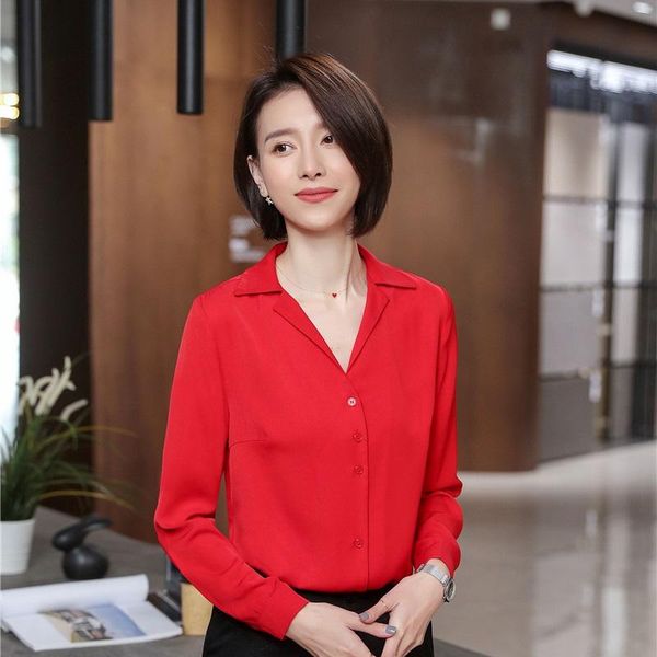 

women's blouses & shirts elegant red fashion v-neck ladies office long sleeve business work wear women blouse female clothes ol style, White