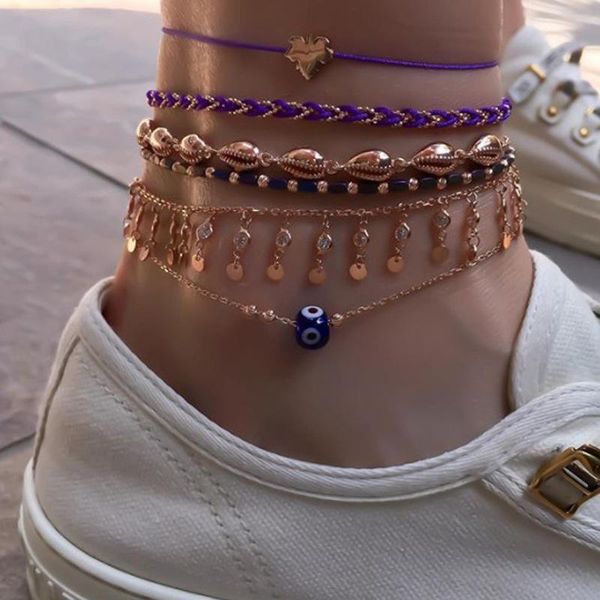 

anklets 6pcs/sets bohemian shell tassel beaded multilayer for women fashion charming eyes leaves rope foot jewelry 8730, Red;blue