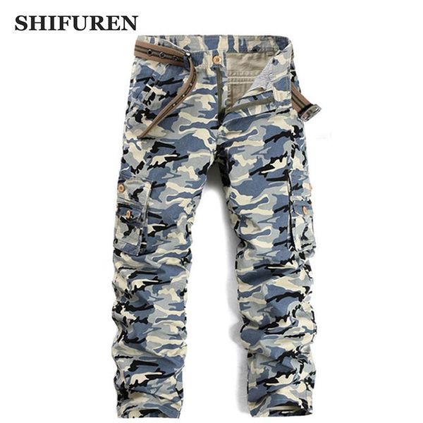 

men's pants shifuren men camouflage military cargo multi pocket cotton overalls long trousers male pantalon homme size 28-38 no belt, Black