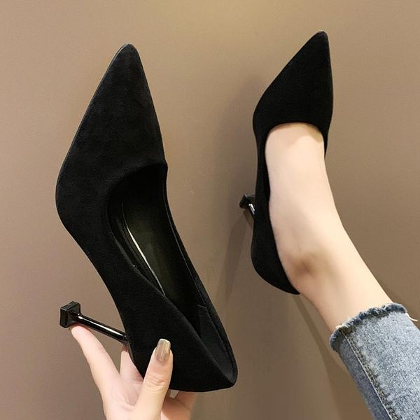 

dress shoes ladies high heels student etiquette 2021 cat heel pointed work, Black