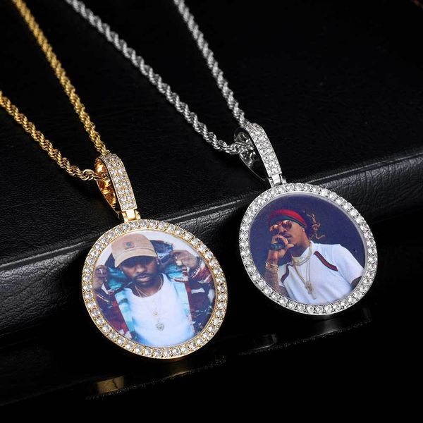 

pendant necklaces new round po micro set zircon diy creative full diamond trendsetter hip hop po frame necklace, Silver