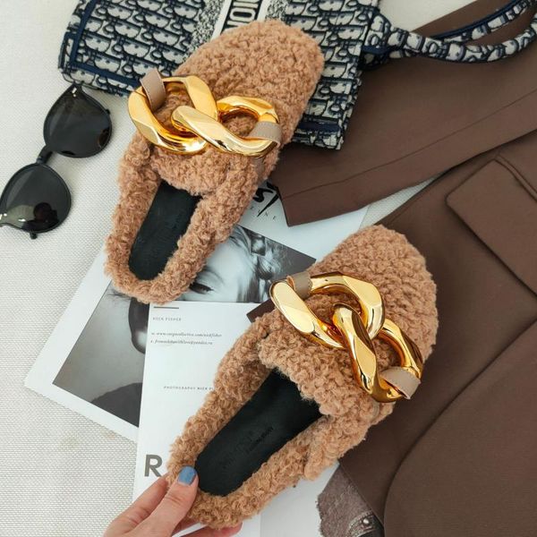 

slippers 2021 metal chain baotou hairy women's winter lamb wool platform loafers mules half-drag, Black