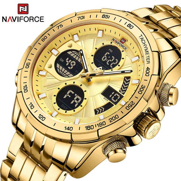 

naviforce mens gold watches brand men sport waterproof wristwatch chronograph stainless steel quartz watch male clock, Slivery;brown