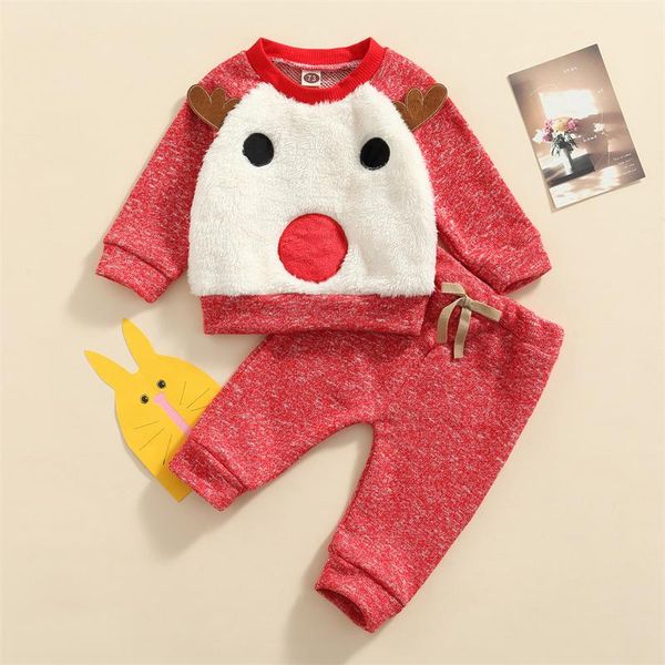

clothing sets children christmas nightwear 2 piece set elk pattern round collar pullover and elastic waist trousers for kids 1-4 years, White