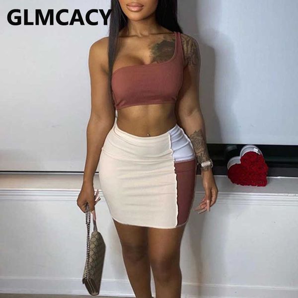 

two piece sets women one shoulder t-shirt & bodycon shorts 210702, White