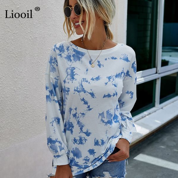 

shorts tie dye shirt women long sleeve o neck slit womens casual loose fall clothing print pullovers and blouses, White;black
