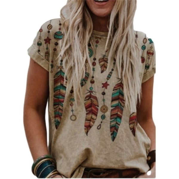 

vintage feather print tunic summer women casual short sleeve plus size harajuku t shirt female clothing tees mujer camiseta 210623, White