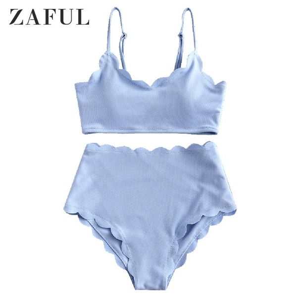 

women's swimwear zaful women textured scalloped high rise bikini swimsuit wire spaghetti straps solid color sets removable padded, White;black