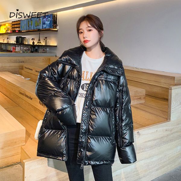 

down solid lapel thickened woman simple loose long-sleeved zipper pu jacket for women winter warm slim black parkas women's