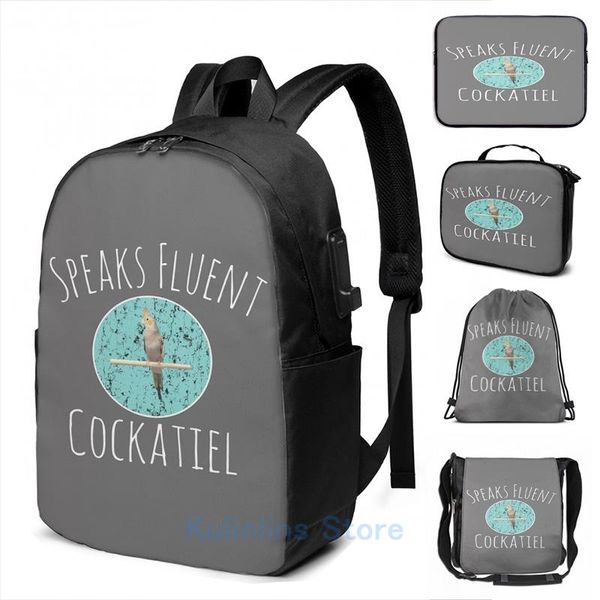 

backpack funny graphic print fun speaks fluent cockatiel gift design usb charge men school bags women bag travel laptop