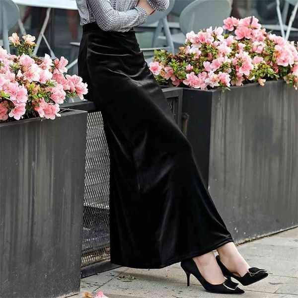 

tiyihailey new xs-10xl long maxi straight skirts women elastic high waist winter customer made velour velvet skirt 210319, Black