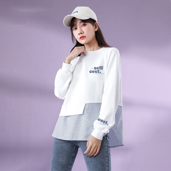 

2021 new spring fake two piece irregular sweater blouse stitched striped shirt loose fashion women's wear, Black