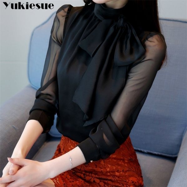 

new summer fashion tunic women blouse shirts long sleeve tie bow chiffon turtleneck formal women white black shirts 210323