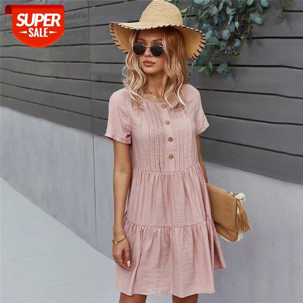 

spring new solid short dress women 2021 casual o neck button summer dress ladies loose short sleeve a line dresses #ln2t, White;black