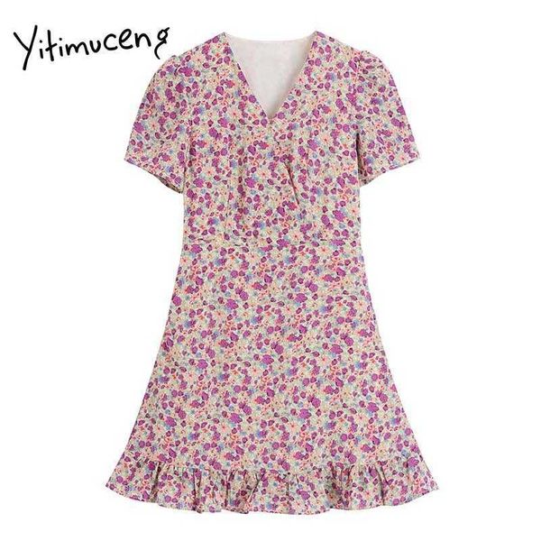 

yitimuceng purple floral print dresses women summer lace up mini high waist trumpet puff sleeve sundress fashion boho dress 210601, Black;gray