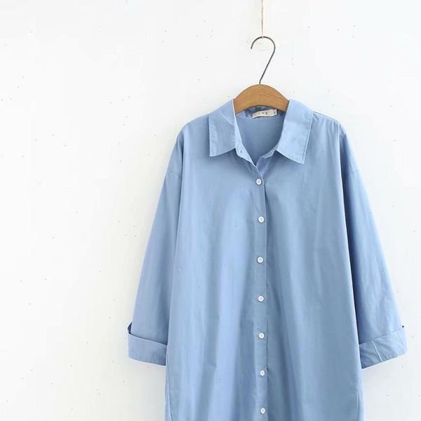 

plus size solid sky womens shirts blue white long casual spring cotton blouse female oversize
