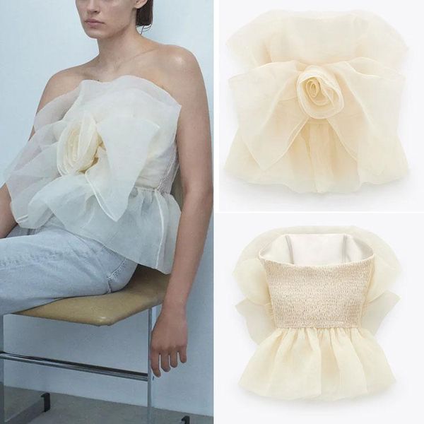 

women's blouses & shirts traf 2021, spring/summer, honeycomb strapless, floral embellishment, organza camisole, suspenders, White