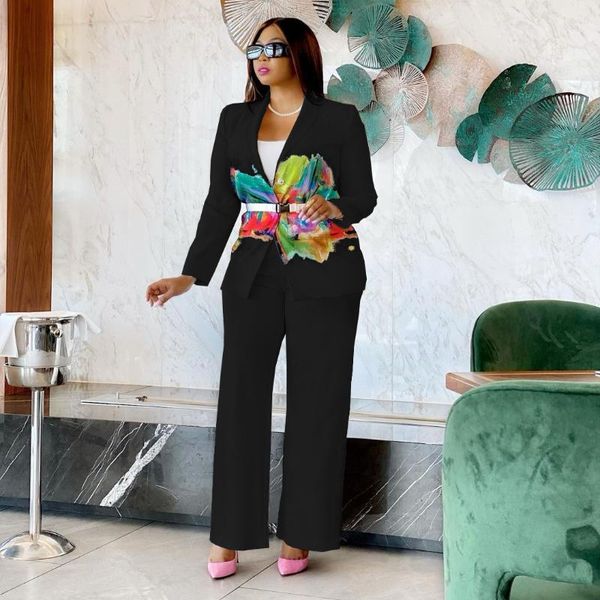 

women's two piece pants 2021 quality 2pcs women set spring autumn print notched office lady, White
