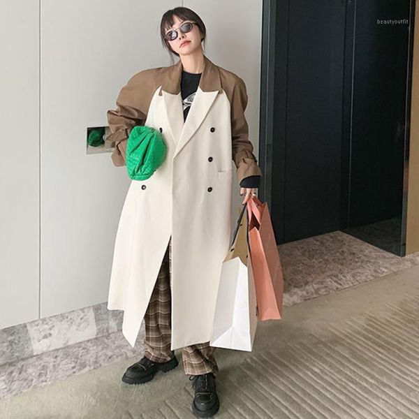 

women's trench coats [ewq] 2021 spring female long-sleeved turn down collar double breasted panelled khaki over knee windbreaker overco, Tan;black