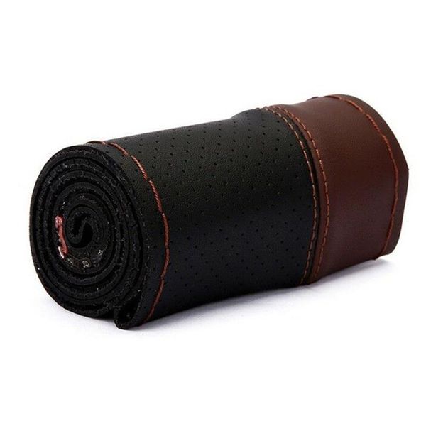 

steering wheel covers 1pcs cover black + coffee genuine leather with needles & thread