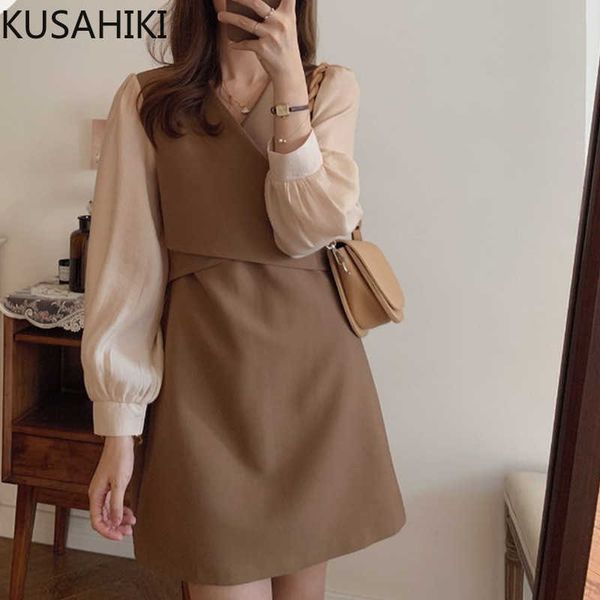

fake two pieces women dress korean patchwork long sleeve v-neck vestidos femme spring elegant dresses 6e650 210603, Black;gray