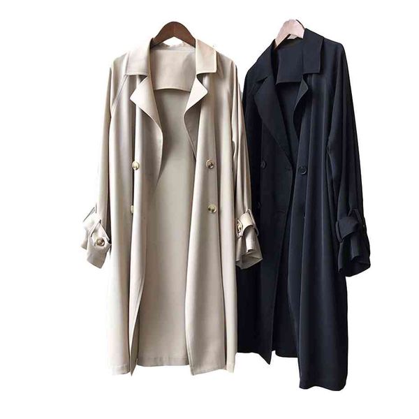 

women's trench coats autumn coat double breasted female blouse tempers loose solid on the knee long winter women's poncho qnoj, Tan;black
