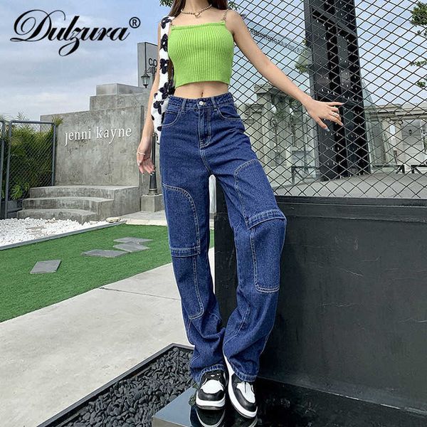 

patchwork women high waist wide leg jeans pocket streetwear fashion 2021 spring summer trousers pants casual, Black;white